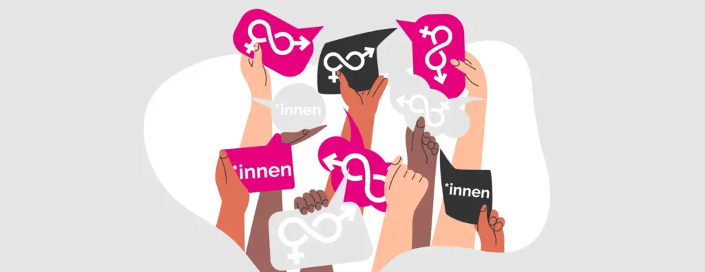 Hände die Sprechblasen hoch halten, Gendersprache, Titelbild